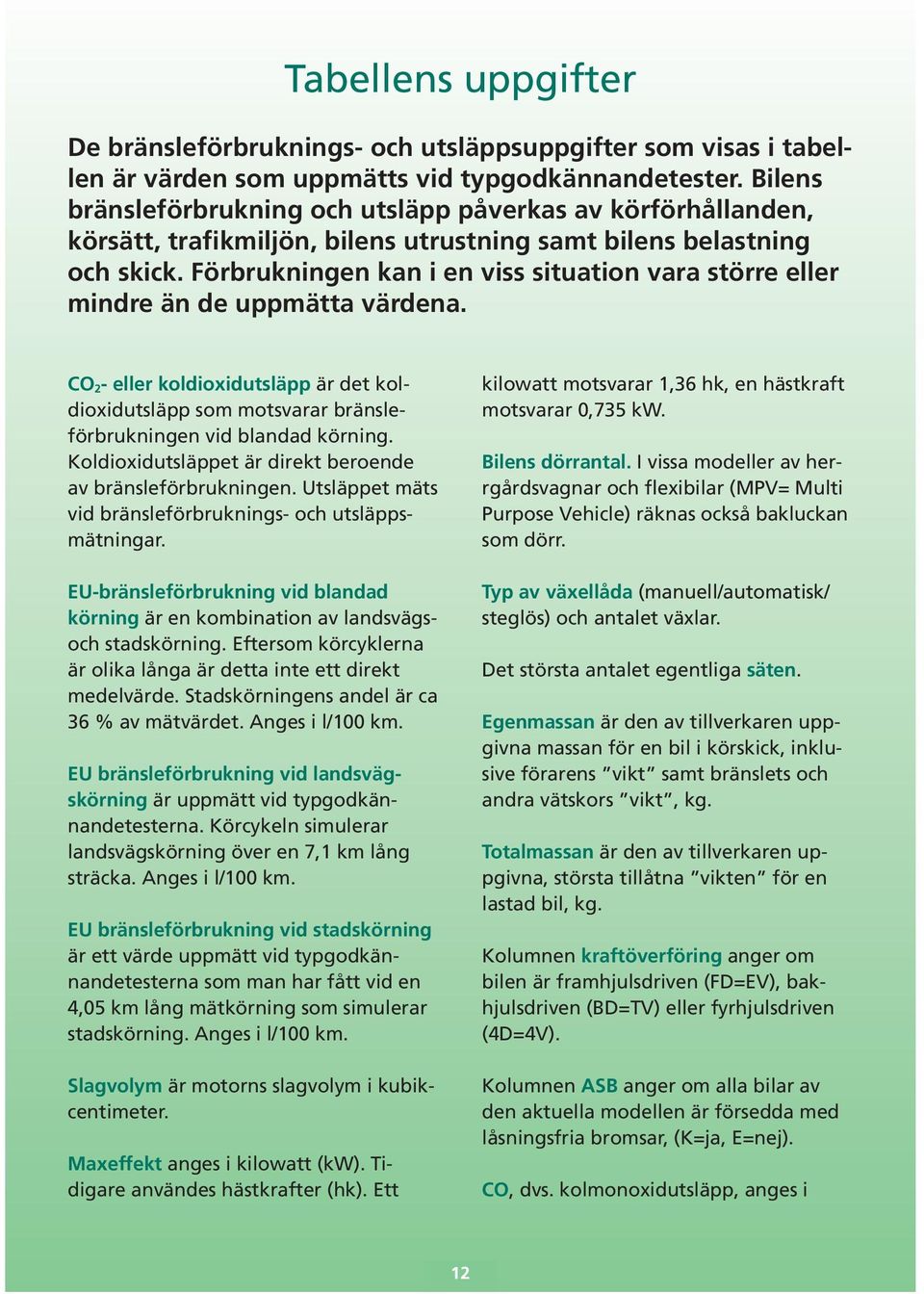 Förbrukningen kan i en viss situation vara större eller mindre än de uppmätta värdena. CO 2- eller koldioxidutsläpp är det koldioxidutsläpp som motsvarar bränsleförbrukningen vid blandad körning.