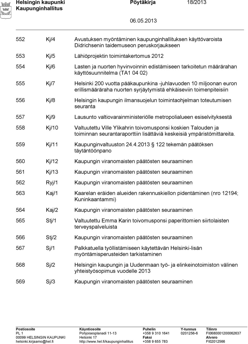 nuorten syrjäytymistä ehkäiseviin toimenpiteisiin 556 Kj/8 Helsingin kaupungin ilmansuojelun toimintaohjelman toteutumisen seuranta 557 Kj/9 Lausunto valtiovarainministeriölle metropolialueen