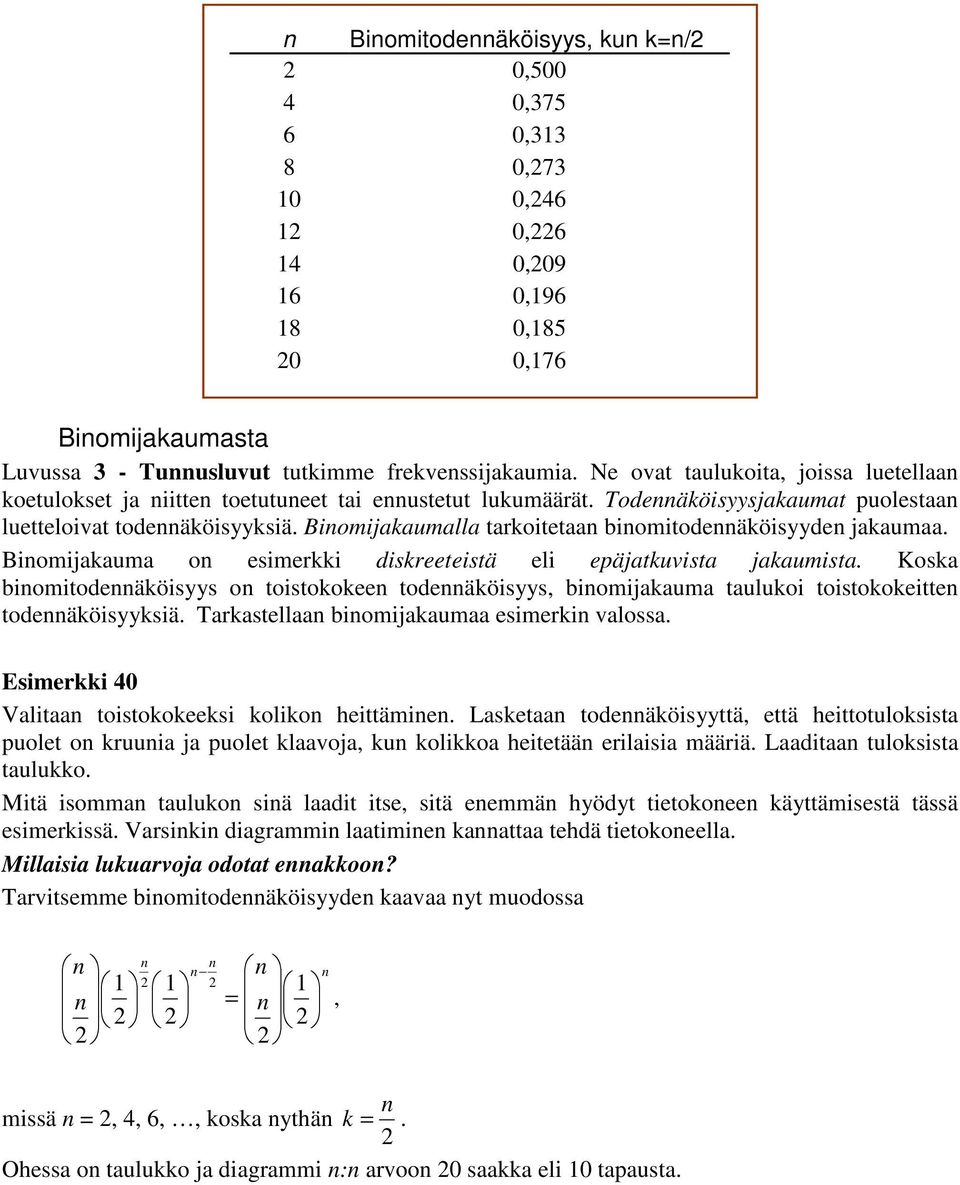 Biomijaauma o esimeri disreeteistä eli epäjatuvista jaaumista. Kosa biomitodeäöisyys o toistooee todeäöisyys, biomijaauma tauluoi toistooeitte todeäöisyysiä. Tarastellaa biomijaaumaa esimeri valossa.