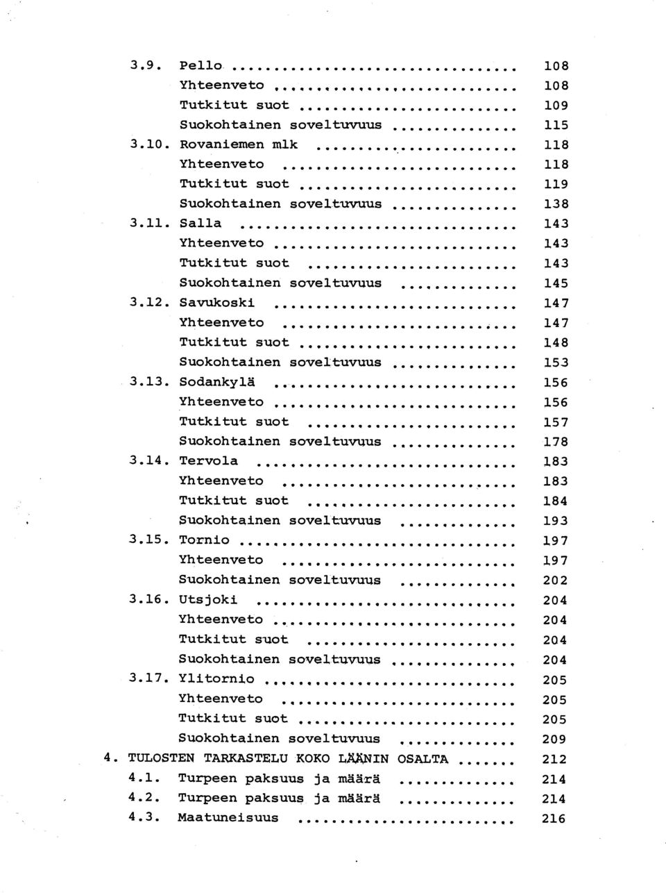 15. Tornio 19 7 Yhteenveto 19 7 Suokohtainen soveltuvuus 20 2 3.16. Utsjoki,,,,,,,,,,,,,,,,,,,,,,,,,,,,,,, 20 4 Yhteenveto 20 4 Tutkitut suot 20 4 Suokohtainen sove7,.tavuus,,,,,,....1,,,, 20 4 3.17.