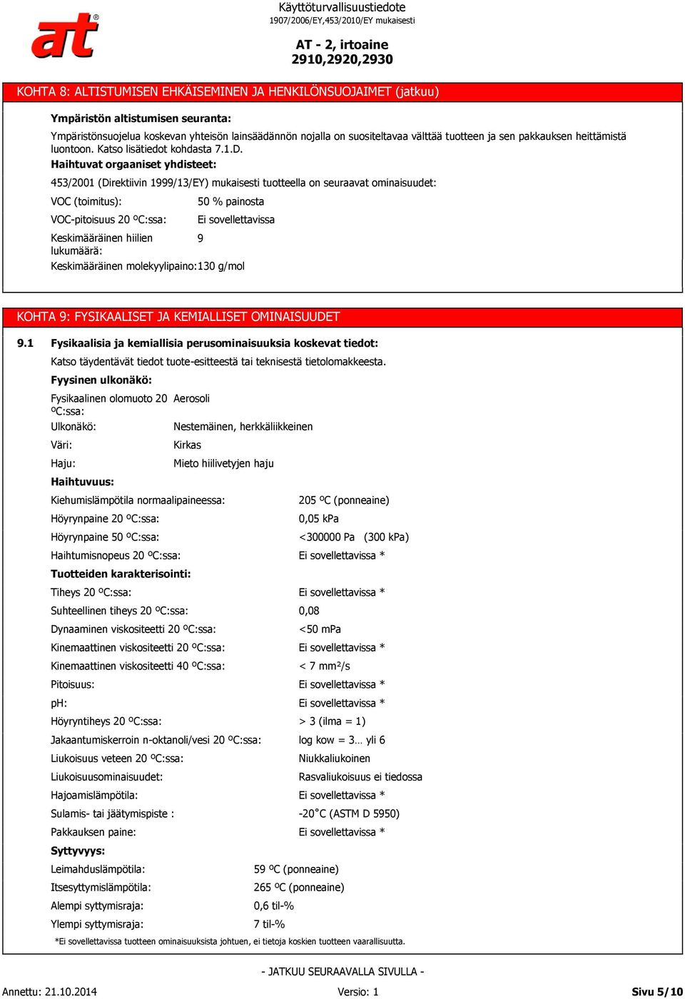 Haihtuvat orgaaniset yhdisteet: 45/2001 (Direktiivin 1999/1/EY) mukaisesti tuotteella on seuraavat ominaisuudet: VOC (toimitus): VOC-pitoisuus 20 ºC:ssa: Keskimääräinen hiilien lukumäärä: 50 %