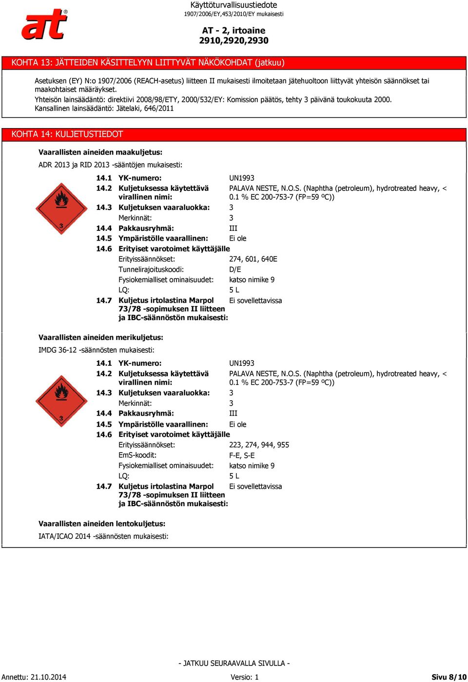 Kansallinen lainsäädäntö: Jätelaki, 646/2011 KOHTA 14: KULJETUSTIEDOT Vaarallisten aineiden maakuljetus: ADR 201 ja RID 201 -sääntöjen mukaisesti: 14.1 14.2 14. 14.4 14.5 14.6 14.