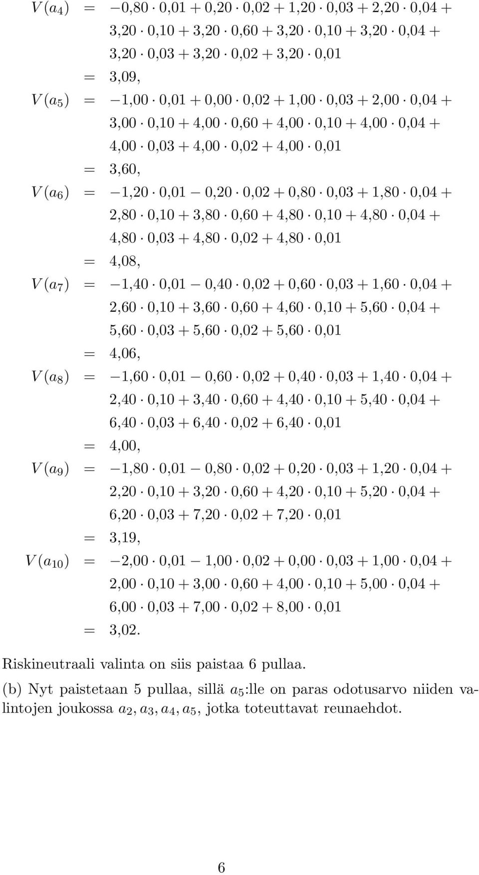 ) = 1,0 0,01 0,0 0,0 + 0,60 0,03 + 1,60 0,0 +,60 0,10 + 3,60 0,60 +,60 0,10 + 5,60 0,0 + 5,60 0,03 + 5,60 0,0 + 5,60 0,01 =,06, V (a 8 ) = 1,60 0,01 0,60 0,0 + 0,0 0,03 + 1,0 0,0 +,0 0,10 + 3,0 0,60