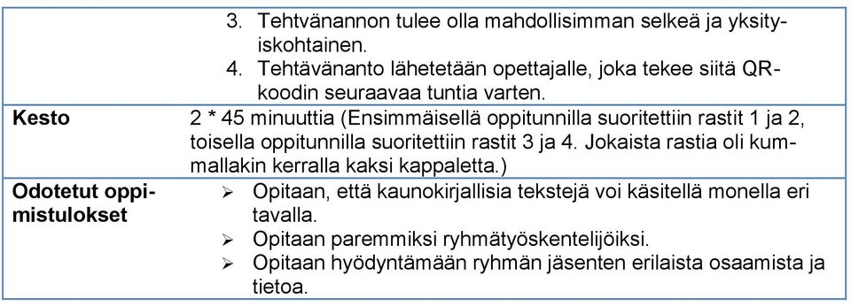 Kesto 2 * 45 minuuttia (Ensimmäisellä oppitunnilla suoritettiin rastit 1 ja 2, toisella oppitunnilla suoritettiin rastit 3 ja 4.