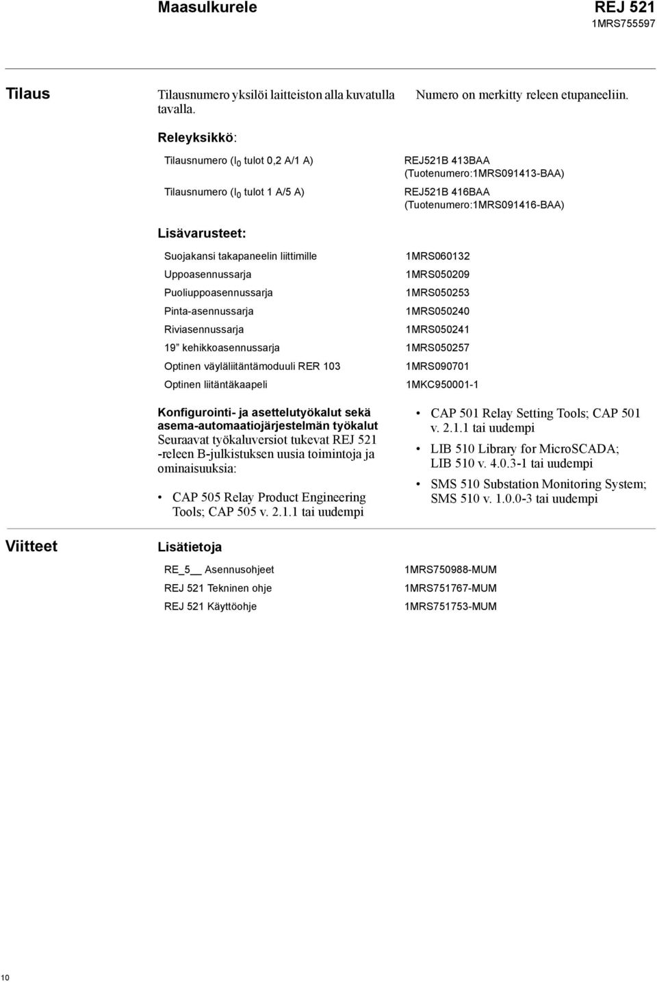 Pinta-asennussarja 1MRS050240 Riviasennussarja 1MRS050241 19 kehikkoasennussarja 1MRS050257 Optinen väyläliitäntämoduuli RER 103 1MRS090701 Optinen liitäntäkaapeli 1MKC950001-1 Konfigurointi- ja