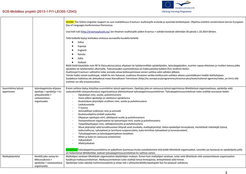 eu/ )on ilmainen osallistujille joiden Erasmus vaihdot kestävät vähintään 30 päivää 1.10.2014 lähtien.