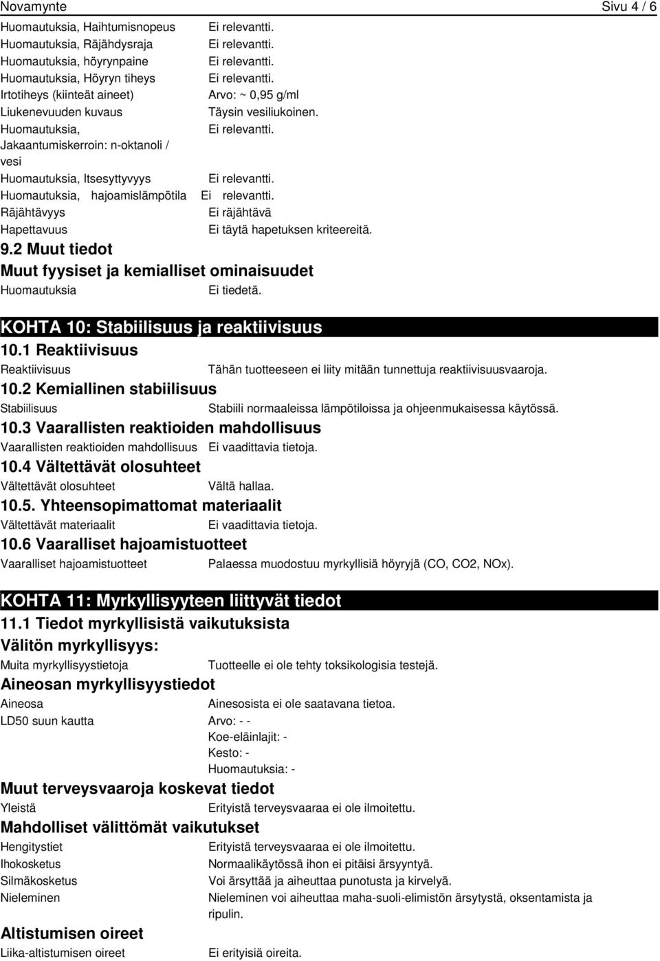 Ei räjähtävä Ei täytä hapetuksen kriteereitä. 9.2 Muut tiedot Muut fyysiset ja kemialliset ominaisuudet Huomautuksia Ei tiedetä. KOHTA 10: Stabiilisuus ja reaktiivisuus 10.