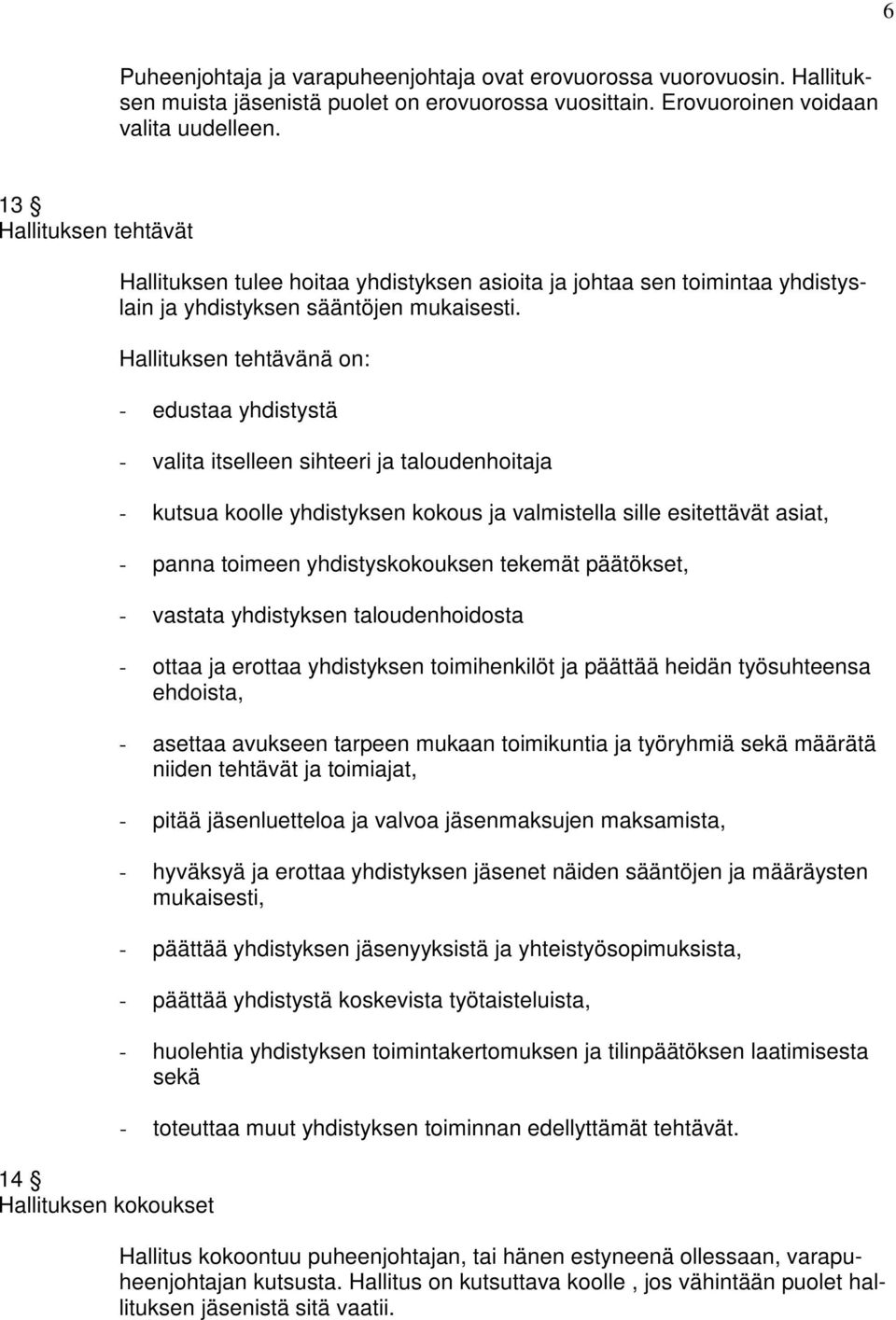 Hallituksen tehtävänä on: - edustaa yhdistystä - valita itselleen sihteeri ja taloudenhoitaja - kutsua koolle yhdistyksen kokous ja valmistella sille esitettävät asiat, - panna toimeen