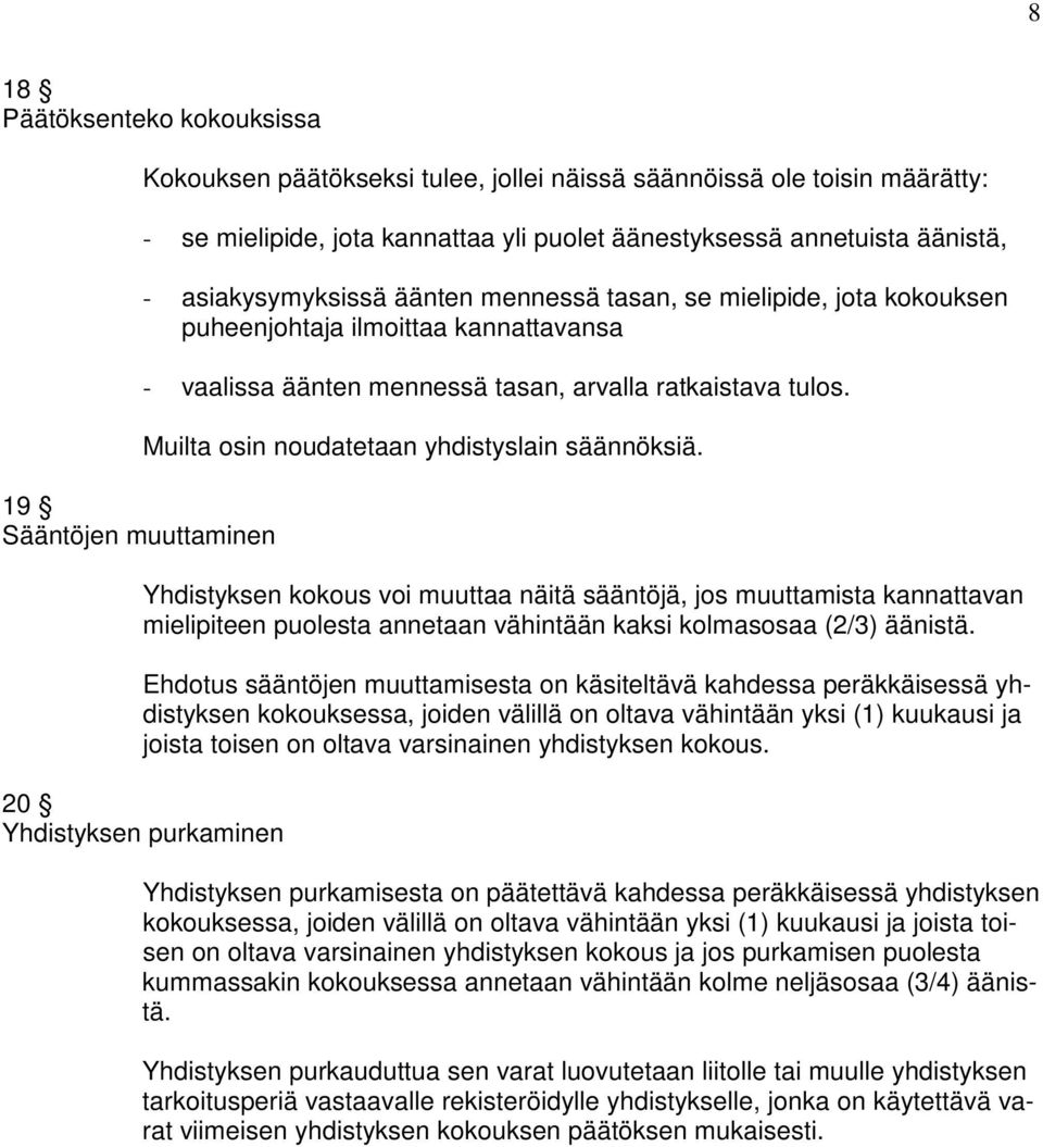 Muilta osin noudatetaan yhdistyslain säännöksiä. Yhdistyksen kokous voi muuttaa näitä sääntöjä, jos muuttamista kannattavan mielipiteen puolesta annetaan vähintään kaksi kolmasosaa (2/3) äänistä.