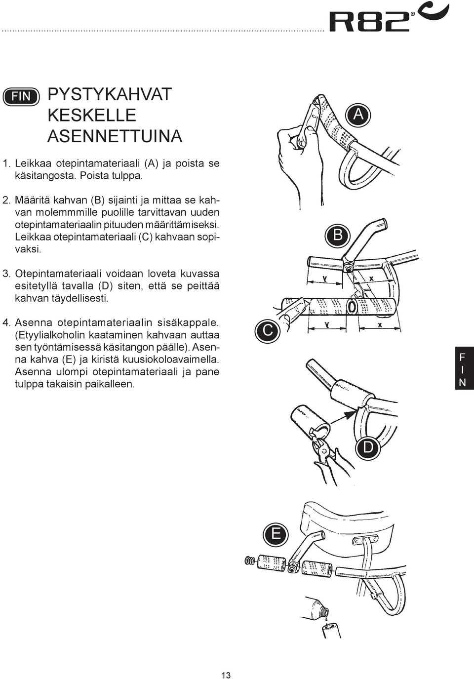 Leikkaa otepintamateriaali (C) kahvaan sopivaksi. 3. Otepintamateriaali voidaan loveta kuvassa esitetyllä tavalla (D) siten, että se peittää kahvan täydellisesti.