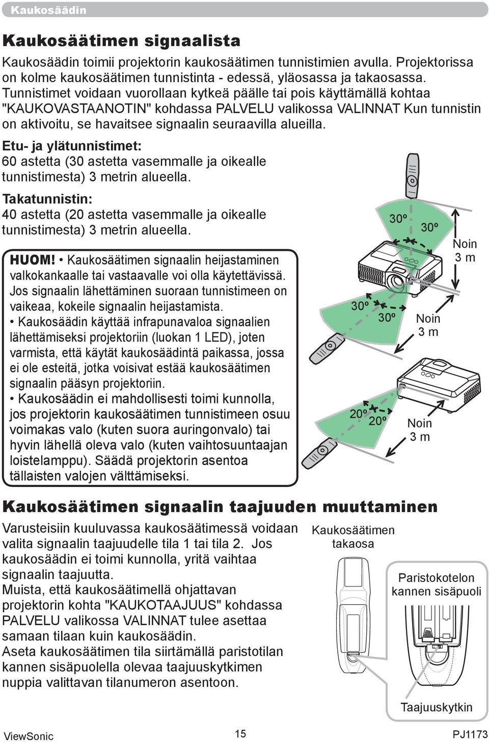 Etu- ja ylätunnistimet: 60 astetta (30 astetta vasemmalle ja oikealle tunnistimesta) 3 metrin alueella. Takatunnistin: 40 astetta (20 astetta vasemmalle ja oikealle tunnistimesta) 3 metrin alueella.