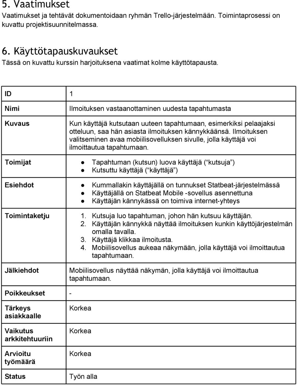 ID 1 Ilmoituksen vastaanottaminen uudesta tapahtumasta Kun käyttäjä kutsutaan uuteen tapahtumaan, esimerkiksi pelaajaksi otteluun, saa hän asiasta ilmoituksen kännykkäänsä.