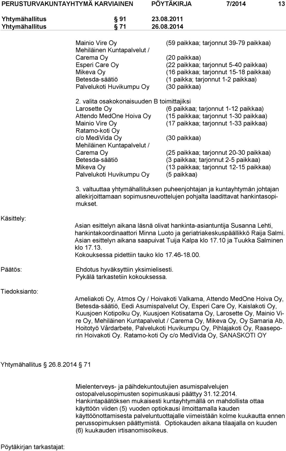 2014 Mainio Vire Oy Mehiläinen Kuntapalvelut / Carema Oy Esperi Care Oy Mikeva Oy Betesda-säätiö Palvelukoti Huvikumpu Oy (59 paikkaa; tarjonnut 39-79 paik kaa) (20 paikkaa) (22 paikkaa; tarjonnut