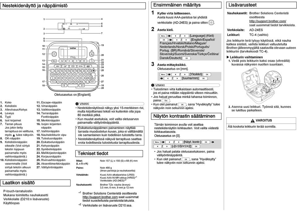 ) Laatikon sisältö P-touch-tarratulostin Mukana toimitettu nauhakasetti Verkkolaite (D210:n lisävaruste) Käyttöopas 1 2 3 8 9 10 11 12 13 14 15 16 17 18 11. Escape-näppäin 12. Virtanäppäin 13.