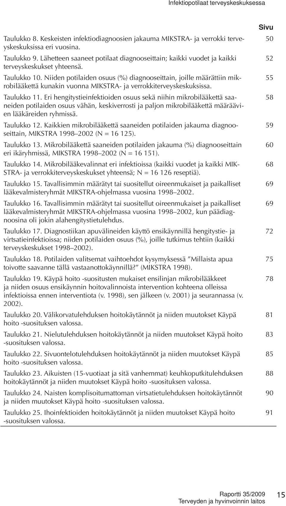Niiden potilaiden osuus (%) diagnooseittain, joille määrättiin mikrobilääkettä kunakin vuonna MIKSTRA- ja verrokkiterveyskeskuksissa. Taulukko 11.