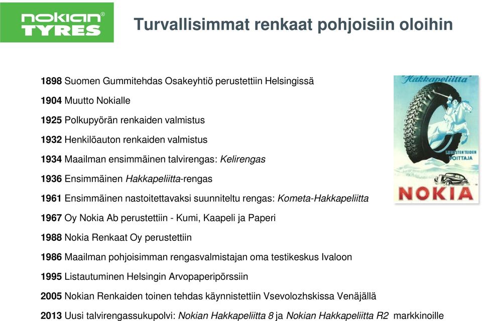 1967 Oy Nokia Ab perustettiin - Kumi, Kaapeli ja Paperi 1988 Nokia Renkaat Oy perustettiin 1986 Maailman pohjoisimman rengasvalmistajan oma testikeskus Ivaloon 1995 Listautuminen