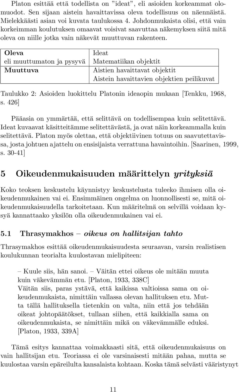 Oleva eli muuttumaton ja pysyvä Muuttuva Ideat Matematiikan objektit Aistien havaittavat objektit Aistein havaittavien objektien peilikuvat Taulukko 2: Asioiden luokittelu Platonin ideaopin mukaan