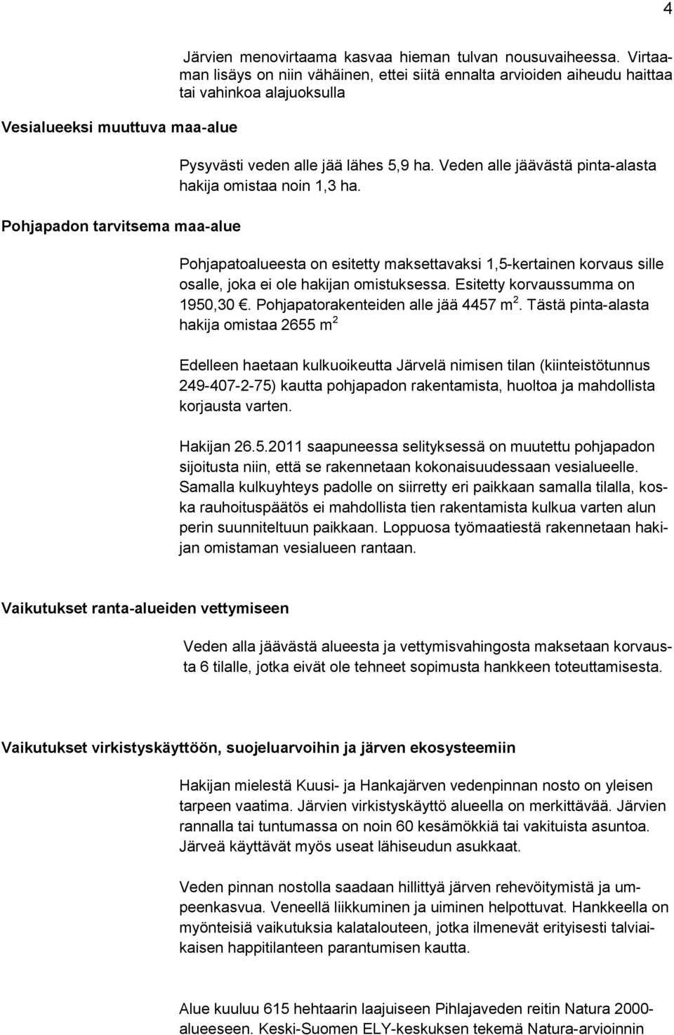 Veden alle jäävästä pinta-alasta hakija omistaa noin 1,3 ha. Pohjapatoalueesta on esitetty maksettavaksi 1,5-kertainen korvaus sille osalle, joka ei ole hakijan omistuksessa.