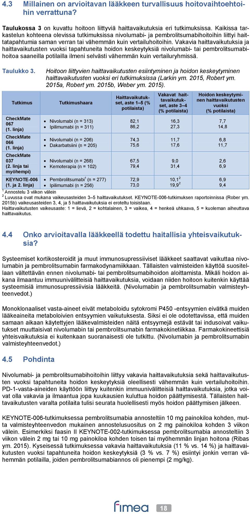 Vakavia haittavaikutuksia ja haittavaikutusten vuoksi tapahtuneita hoidon keskeytyksiä nivolumabi- tai pembrolitsumabihoitoa saaneilla potilailla ilmeni selvästi vähemmän kuin vertailuryhmissä.