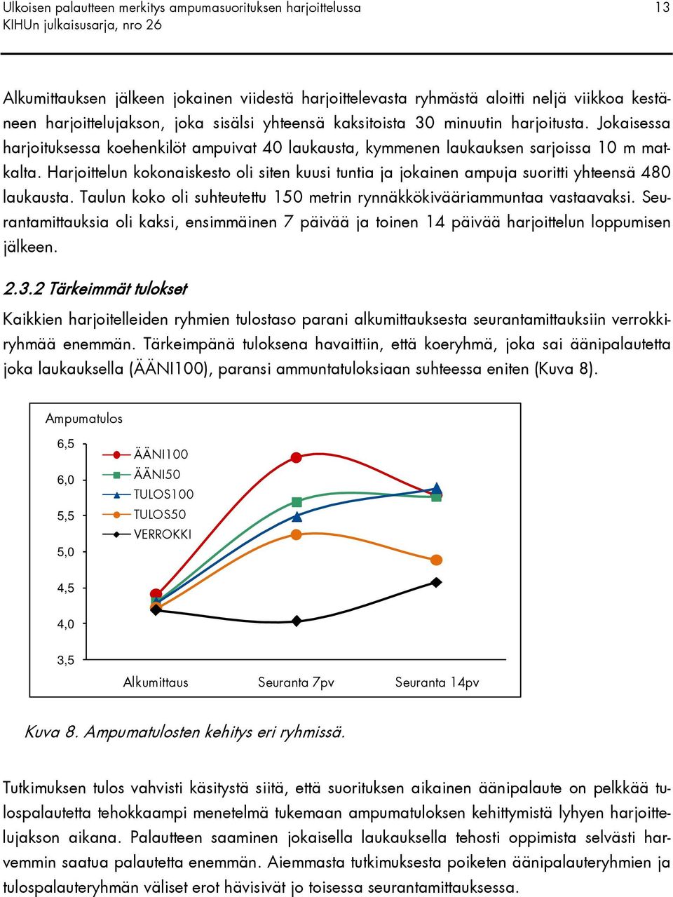 Harjoittelun kokonaiskesto oli siten kuusi tuntia ja jokainen ampuja suoritti yhteensä 480 laukausta. Taulun koko oli suhteutettu 150 metrin rynnäkkökivääriammuntaa vastaavaksi.