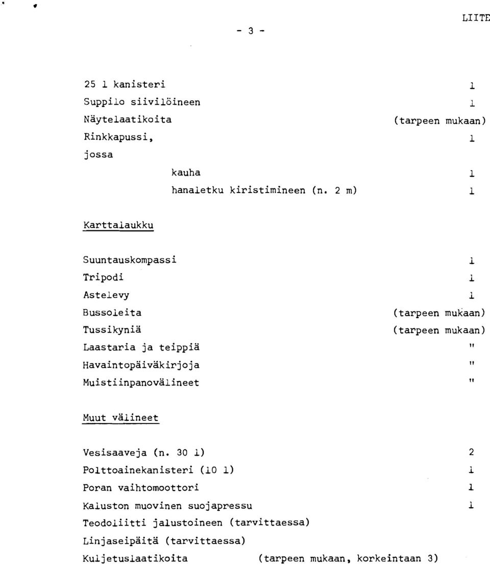 Havaintopäiväkirjoja Muistiinpanovälineet (tarpeen mukaan) (tarpeen mukaan) II Muut välineet Vesisaaveja (n.