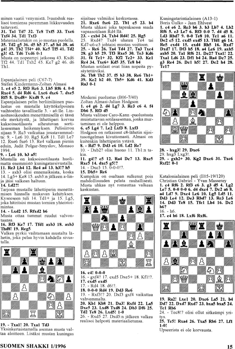 Espanjalainen peli (C67-7) Stefan Kindermann-Zoltan Almasi 1. e4 es 2. RfJ Rc6 3. LbS Rf6 4. 0-0 Rxe4 S. d4 Rd6 6. Lxc6 dxc6 7. dxes RfS 8. Dxd8+ Kxd8 9.