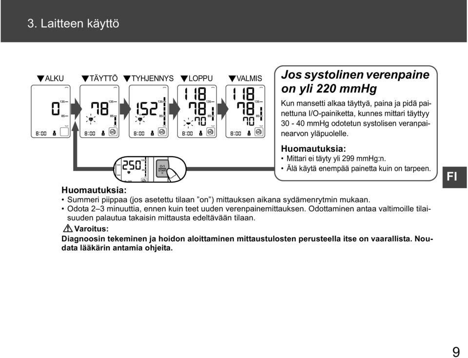 Huomautuksia: Summeri piippaa (jos asetettu tilaan on ) mittauksen aikana sydämenrytmin mukaan. Odota 2 3 minuuttia, ennen kuin teet uuden verenpainemittauksen.