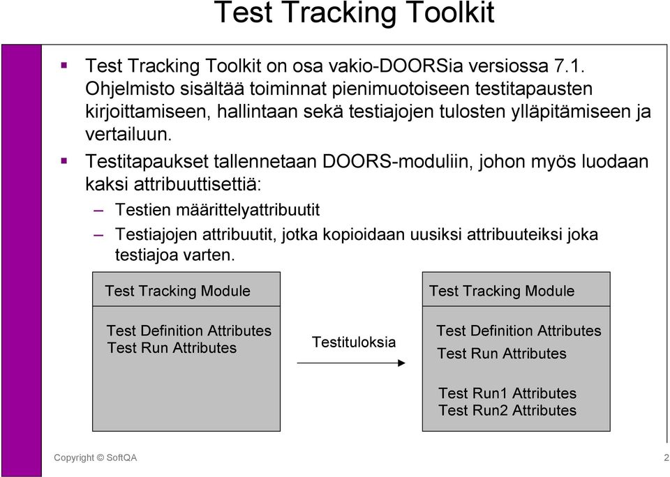 Testitapaukset tallennetaan DOORS-moduliin, johon myös luodaan kaksi attribuuttisettiä: Testien määrittelyattribuutit Testiajojen attribuutit, jotka