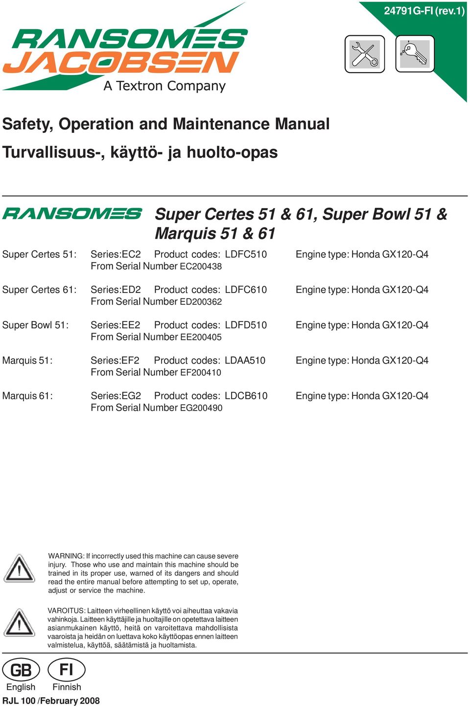 Honda GX120-Q4 From Serial Number EC200438 Super Certes 61: Series:ED2 Product codes: LDFC610 Engine type: Honda GX120-Q4 From Serial Number ED200362 Super Bowl 51: Series:EE2 Product codes: LDFD510