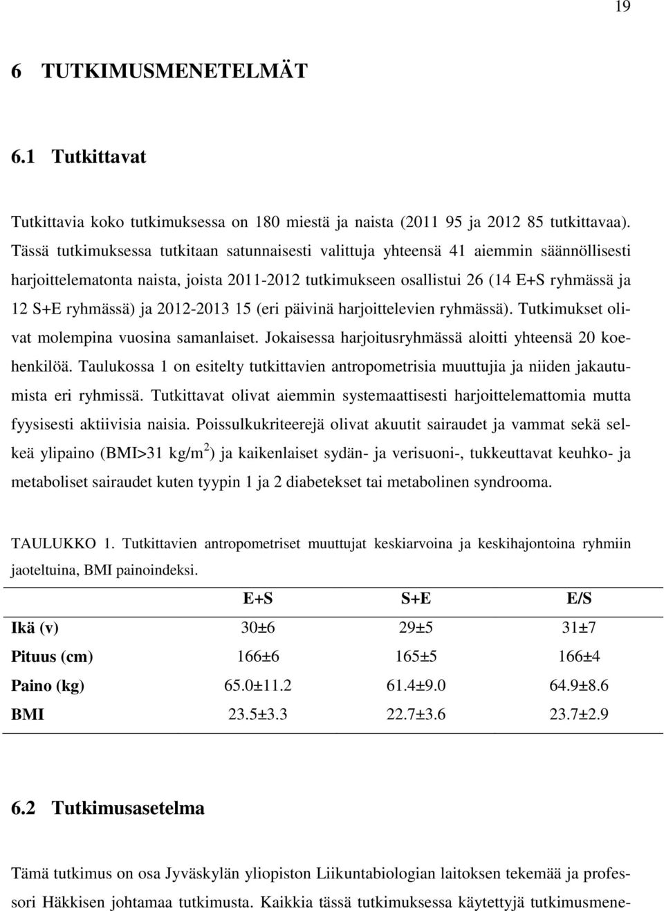 2012-2013 15 (eri päivinä harjoittelevien ryhmässä). Tutkimukset olivat molempina vuosina samanlaiset. Jokaisessa harjoitusryhmässä aloitti yhteensä 20 koehenkilöä.