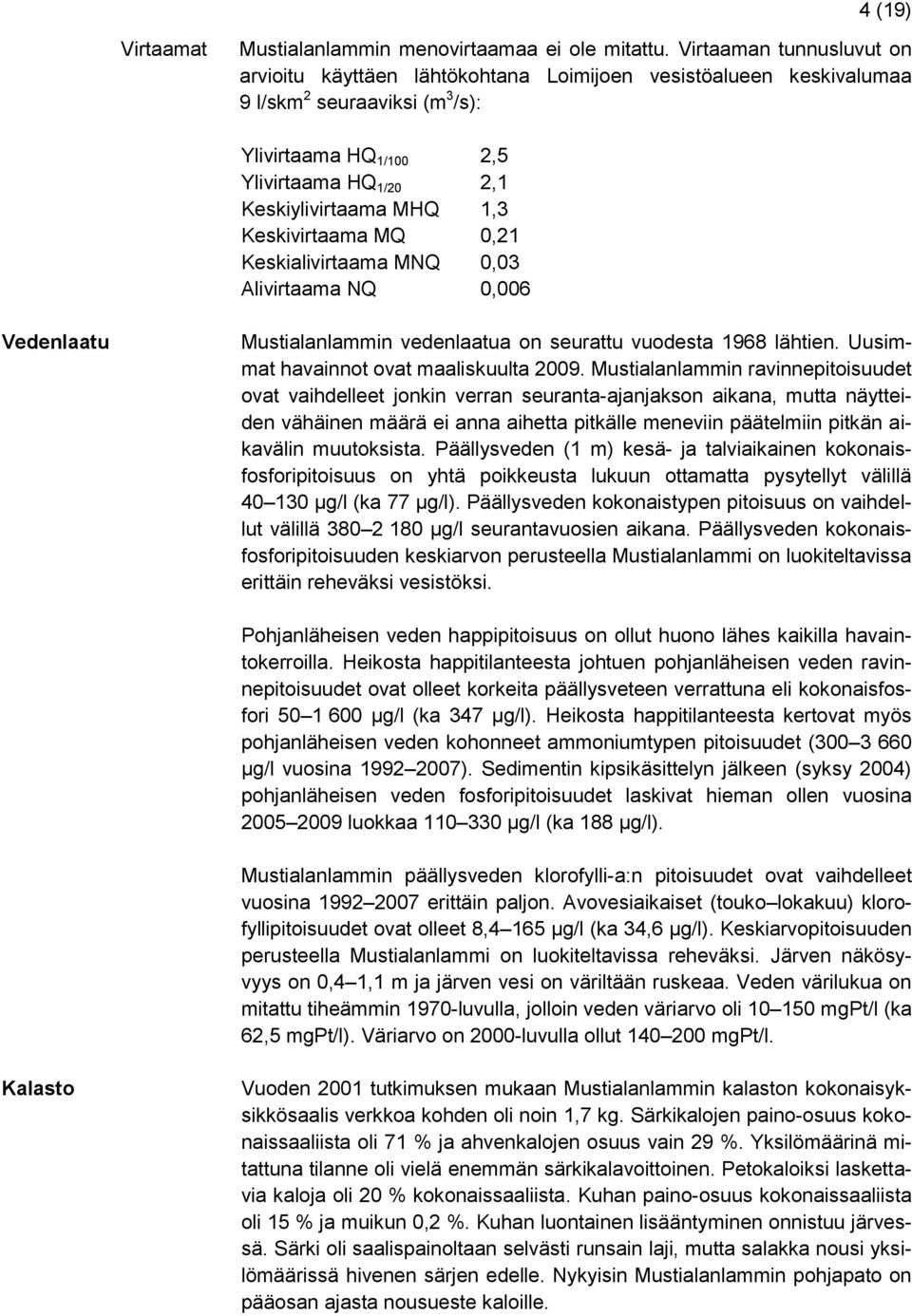 Keskivirtaama MQ 0,21 Keskialivirtaama MNQ 0,03 Alivirtaama NQ 0,006 Vedenlaatu Mustialanlammin vedenlaatua on seurattu vuodesta 1968 lähtien. Uusimmat havainnot ovat maaliskuulta 2009.