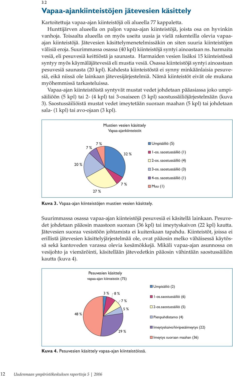 Jätevesien käsittelymenetelmissäkin on siten suuria kiinteistöjen välisiä eroja. Suurimmassa osassa (40 kpl) kiinteistöjä syntyi ainoastaan ns. harmaita vesiä, eli pesuvesiä keittiöstä ja saunasta.