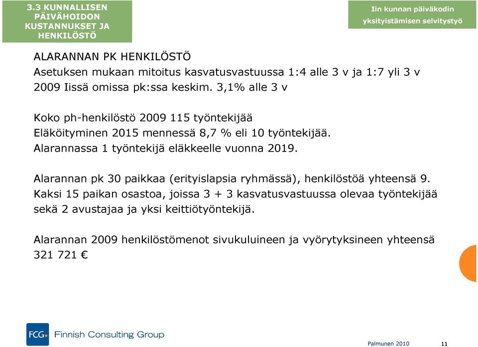 1:7 yli 3 v 2009 Iissä omissa pk:ssa keskim. 3,1% alle 3 v Koko ph-henkilöstö 2009 115 työntekijää Eläköityminen 2015 mennessä 8,7 % eli 10 työntekijää.