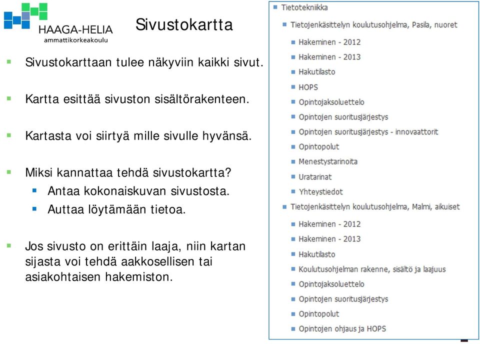 Miksi kannattaa tehdä sivustokartta? Antaa kokonaiskuvan sivustosta.