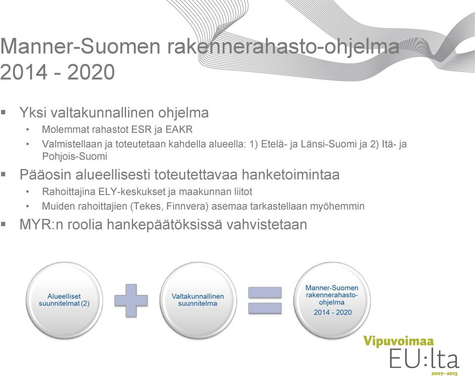 Pohjois-Suomi Pääosin alueellisesti toteutettavaa hanketoimintaa Rahoittajina ELY-keskukset ja maakunnan