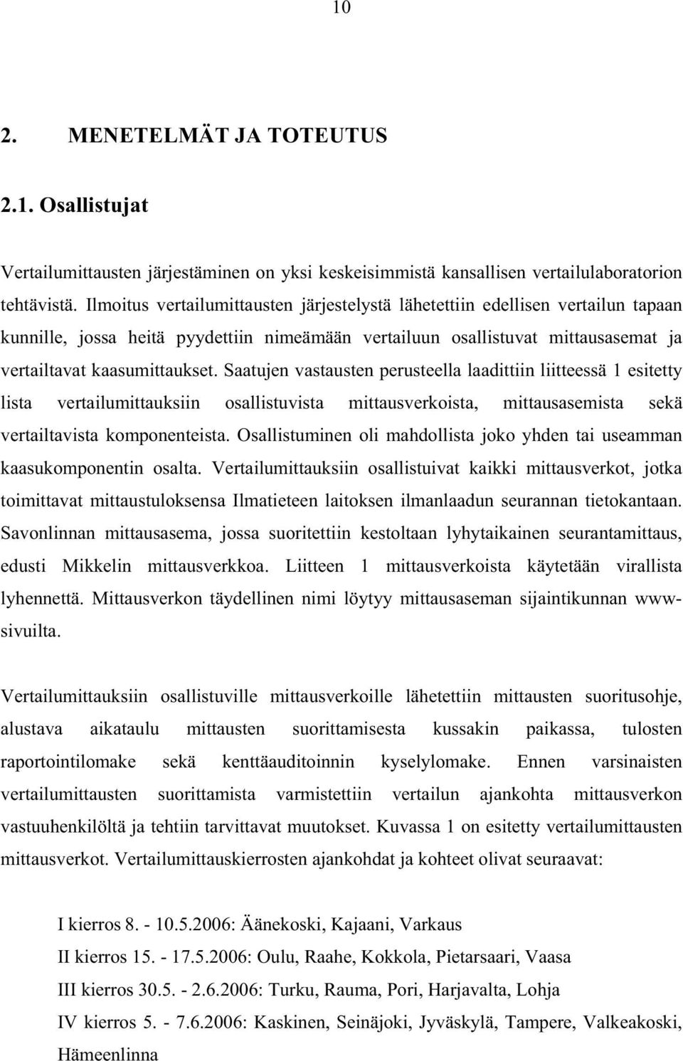 Saatujen vastausten perusteella laadittiin liitteessä 1 esitetty lista vertailumittauksiin osallistuvista mittausverkoista, mittausasemista sekä vertailtavista komponenteista.