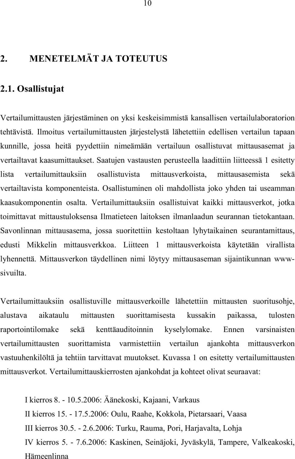 Saatujen vastausten perusteella laadittiin liitteessä 1 esitetty lista vertailumittauksiin osallistuvista mittausverkoista, mittausasemista sekä vertailtavista komponenteista.