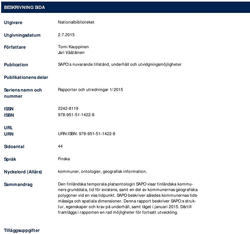 1/2015 ISSN 2242-8119 ISBN 978-951-51-1422-8 URL URN URN:ISBN: 978-951-51-1422-8 Sidoantal 44 Språk Nyckelord (Allärs) Sammandrag Finska kommuner, ontologier, geografisk information.