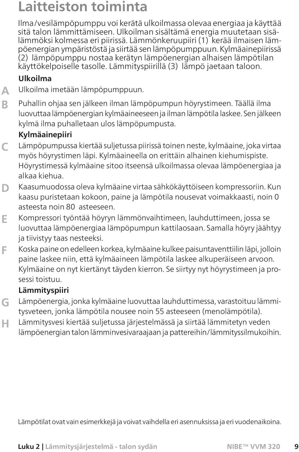 Kylmäainepiirissä (2) lämpöpumppu nostaa kerätyn lämpöenergian alhaisen lämpötilan käyttökelpoiselle tasolle. Lämmityspiirillä (3) lämpö jaetaan taloon. Ulkoilma Ulkoilma imetään lämpöpumppuun.