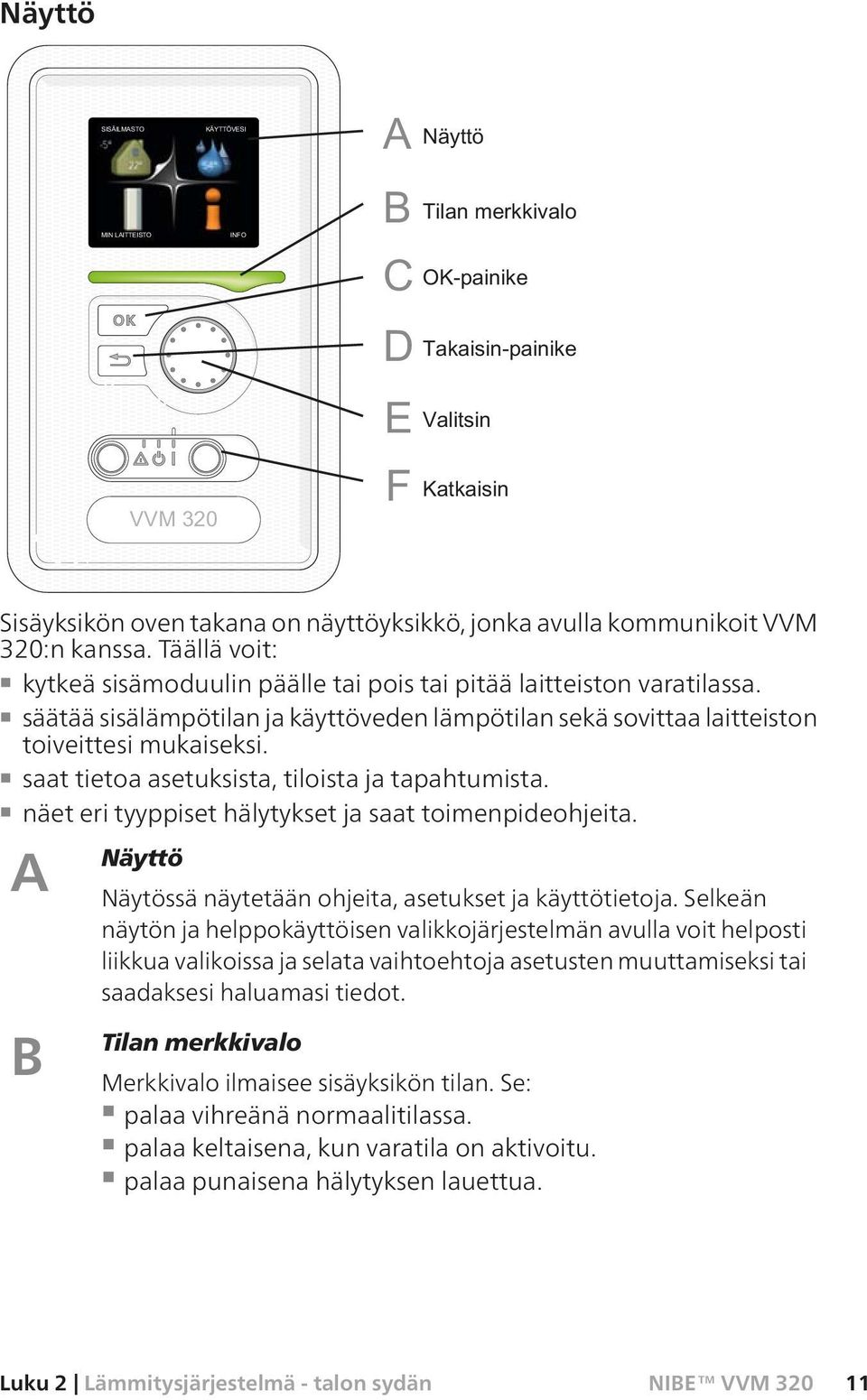 näet eri tyyppiset hälytykset ja saat toimenpideohjeita. A Näyttö Näytössä näytetään ohjeita, asetukset ja käyttötietoja.