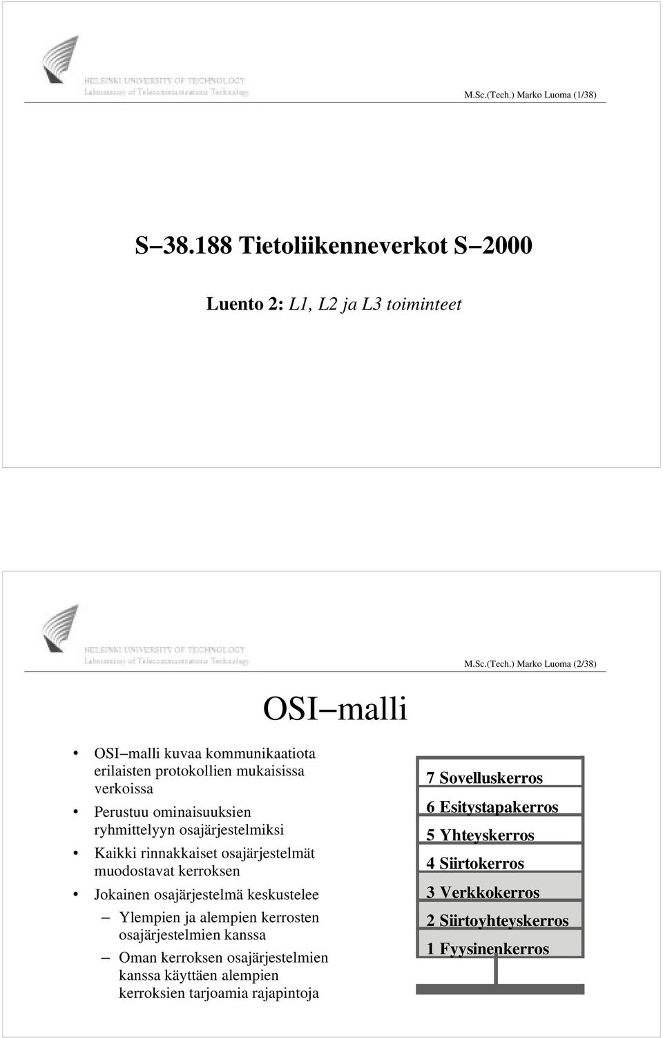 188 Tietoliikenneverkot S 2000 Luento 2: L1, L2 ja L3 toiminteet OSI malli ) Marko Luoma (2/38) OSI malli kuvaa kommunikaatiota erilaisten protokollien