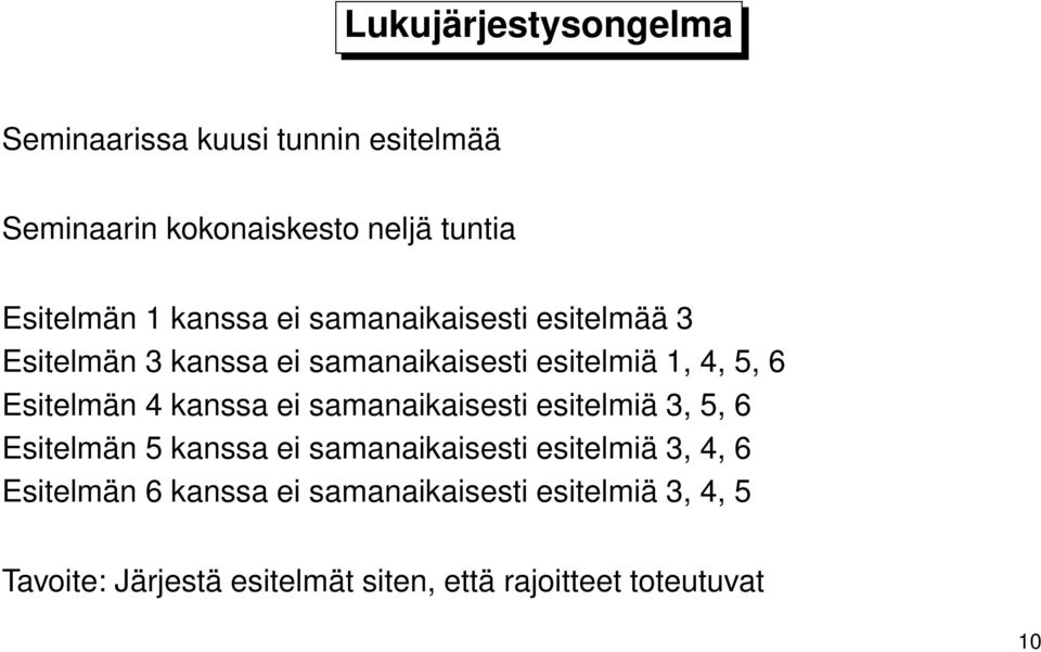 kanssa ei samanaikaisesti esitelmiä 3, 5, 6 Esitelmän 5 kanssa ei samanaikaisesti esitelmiä 3, 4, 6