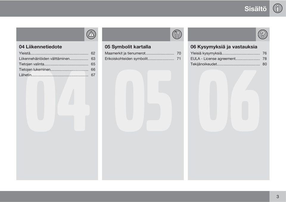 .. 67 05 Symbolit kartalla Maamerkit ja tienumerot... 70 Erikoiskohteiden 05 symbolit.