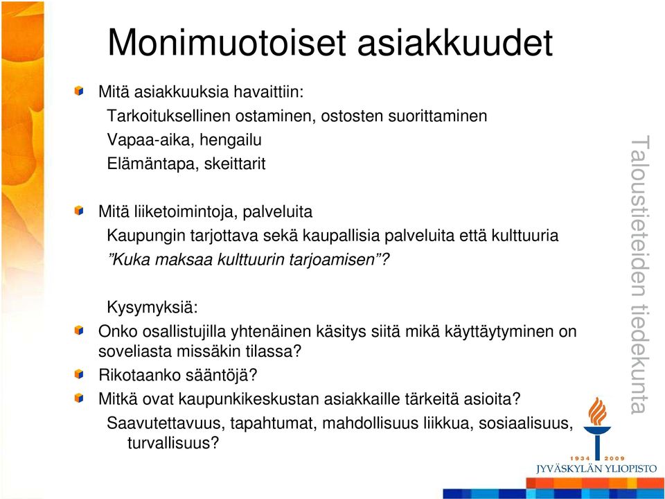 kulttuurin tarjoamisen? Kysymyksiä: Onko osallistujilla yhtenäinen käsitys siitä mikä käyttäytyminen on soveliasta missäkin tilassa?