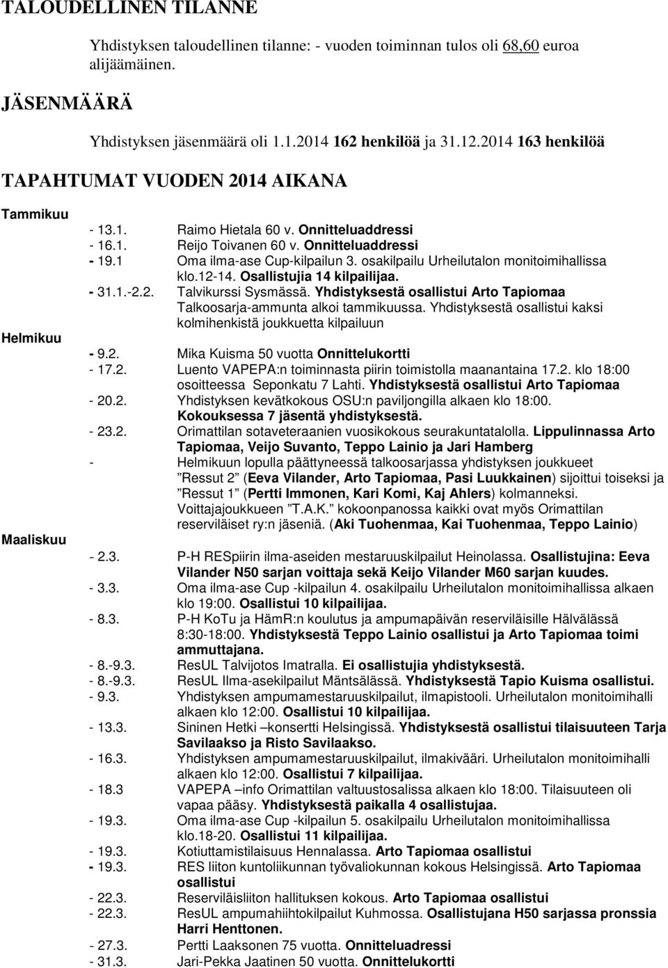 1 Oma ilma-ase Cup-kilpailun 3. osakilpailu Urheilutalon monitoimihallissa klo.12-14. Osallistujia 14 kilpailijaa. - 31.1.-2.2. Talvikurssi Sysmässä.