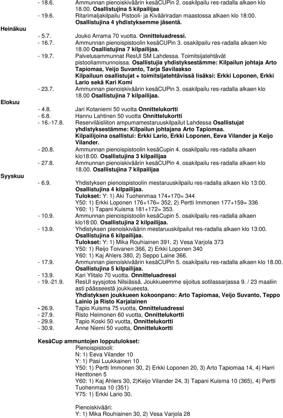 00 Osallistujina 7 kilpailijaa. - 19.7. Palvelusammunnat ResUl SM Lahdessa. Toimitsijatehtävät pistooliammunnoissa.