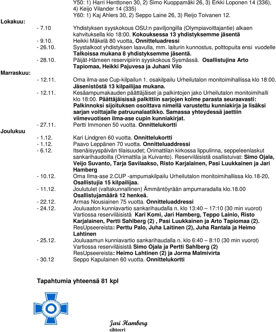 laiturin kunnostus, polttopuita ensi vuodelle Talkoissa mukana 8 yhdistyksemme jäsentä. - 28.10. Päijät-Hämeen reservipiirin syyskokous Sysmässä.