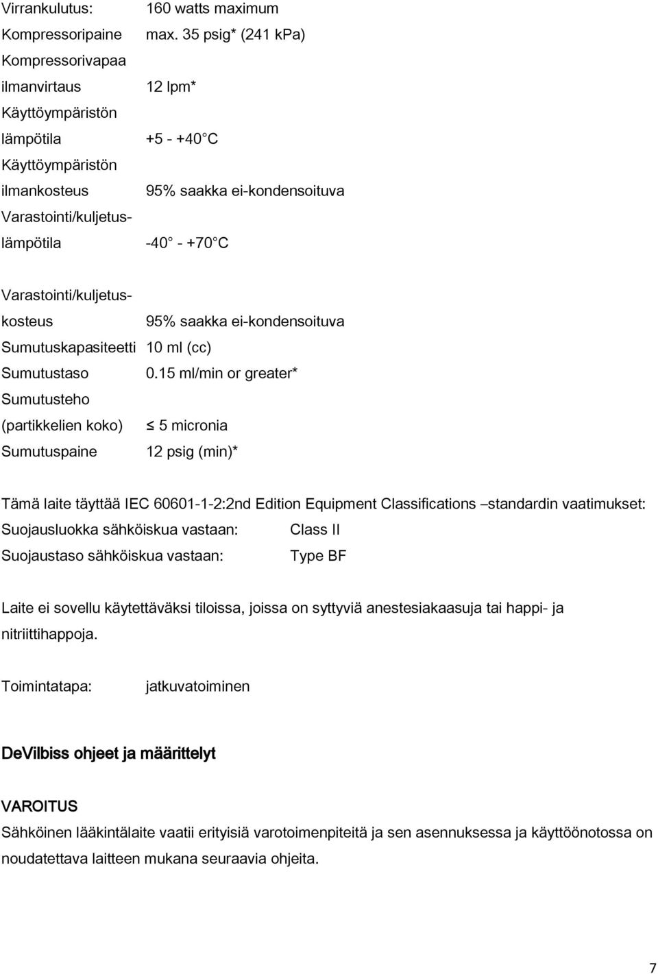 15 ml/min or greater* Sumutusteho (partikkelien koko) 5 micronia Sumutuspaine 12 psig (min)* Tämä laite täyttää IEC 60601-1-2:2nd Edition Equipment Classifications standardin vaatimukset: