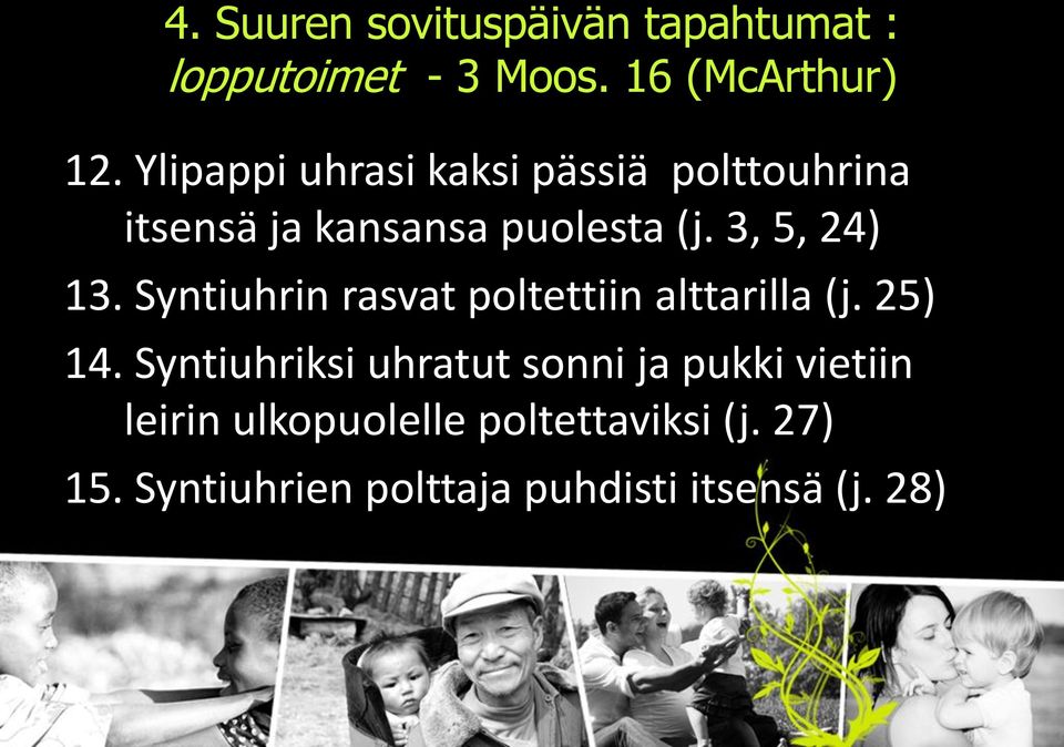 Syntiuhrin rasvat poltettiin alttarilla (j. 25) 14.