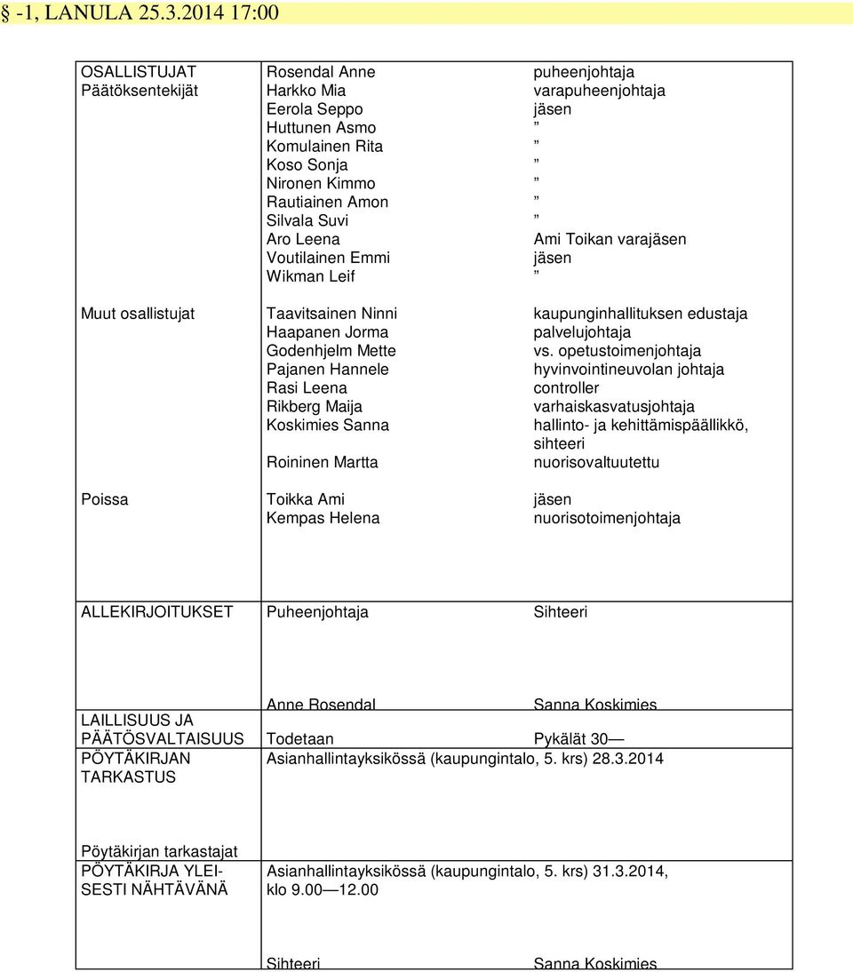 Suvi Aro Leena Ami Toikan varajäsen Voutilainen Emmi jäsen Wikman Leif Muut osallistujat Taavitsainen Ninni kaupunginhallituksen edustaja Haapanen Jorma palvelujohtaja Godenhjelm Mette vs.